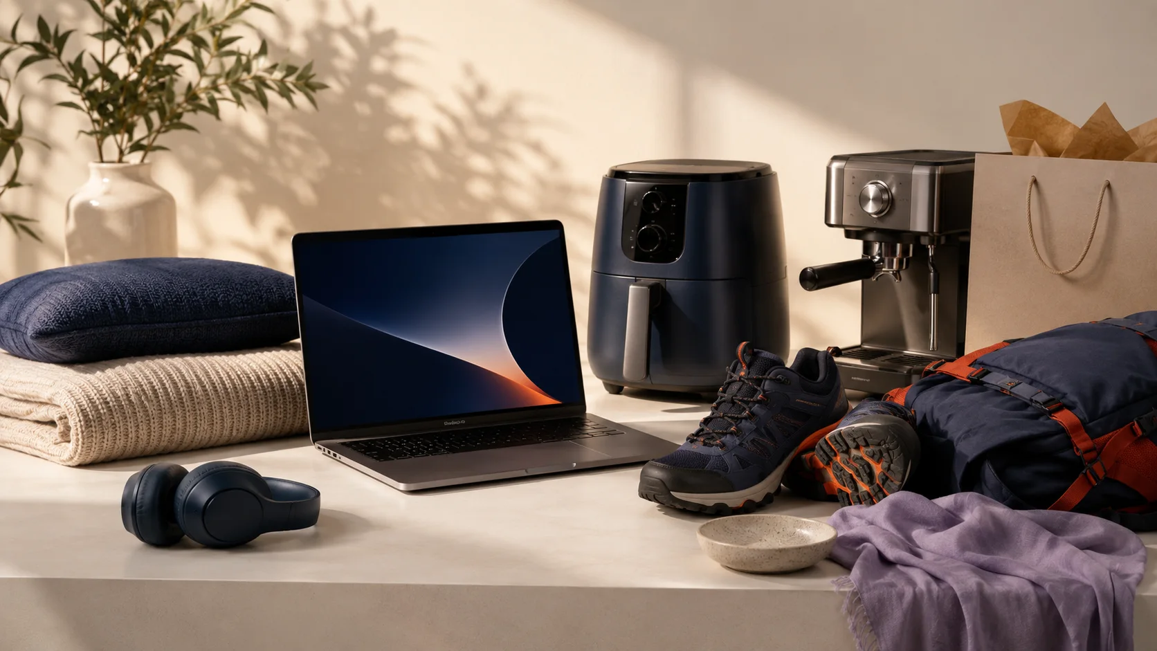 Editorial arrangement of a laptop, home appliance, outdoor gear and late-summer shopping items on a warm neutral background.