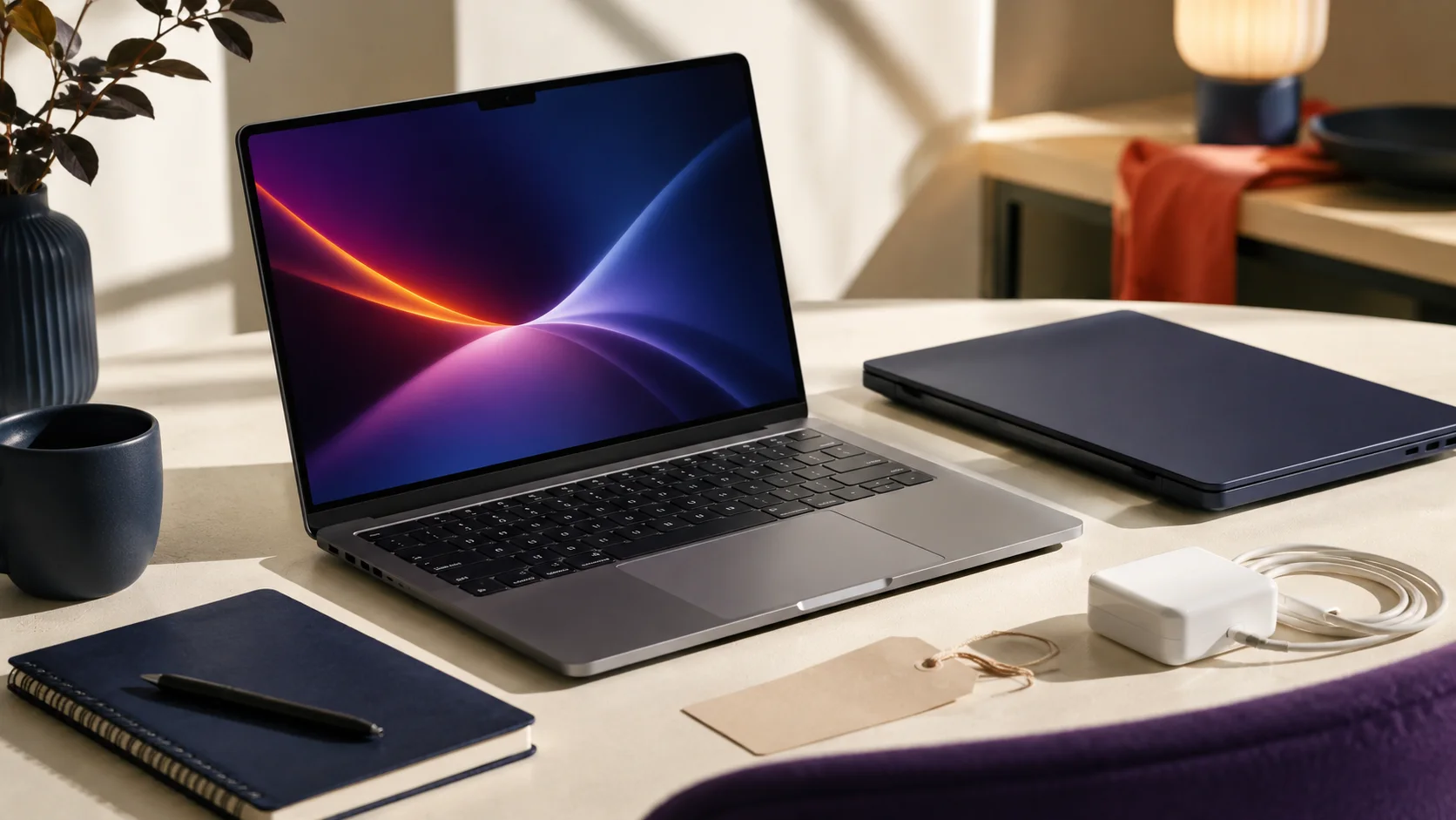 Premium laptop open on a clean editorial desk with a notebook, compact charger and subtle shopping tags on a warm neutral background.