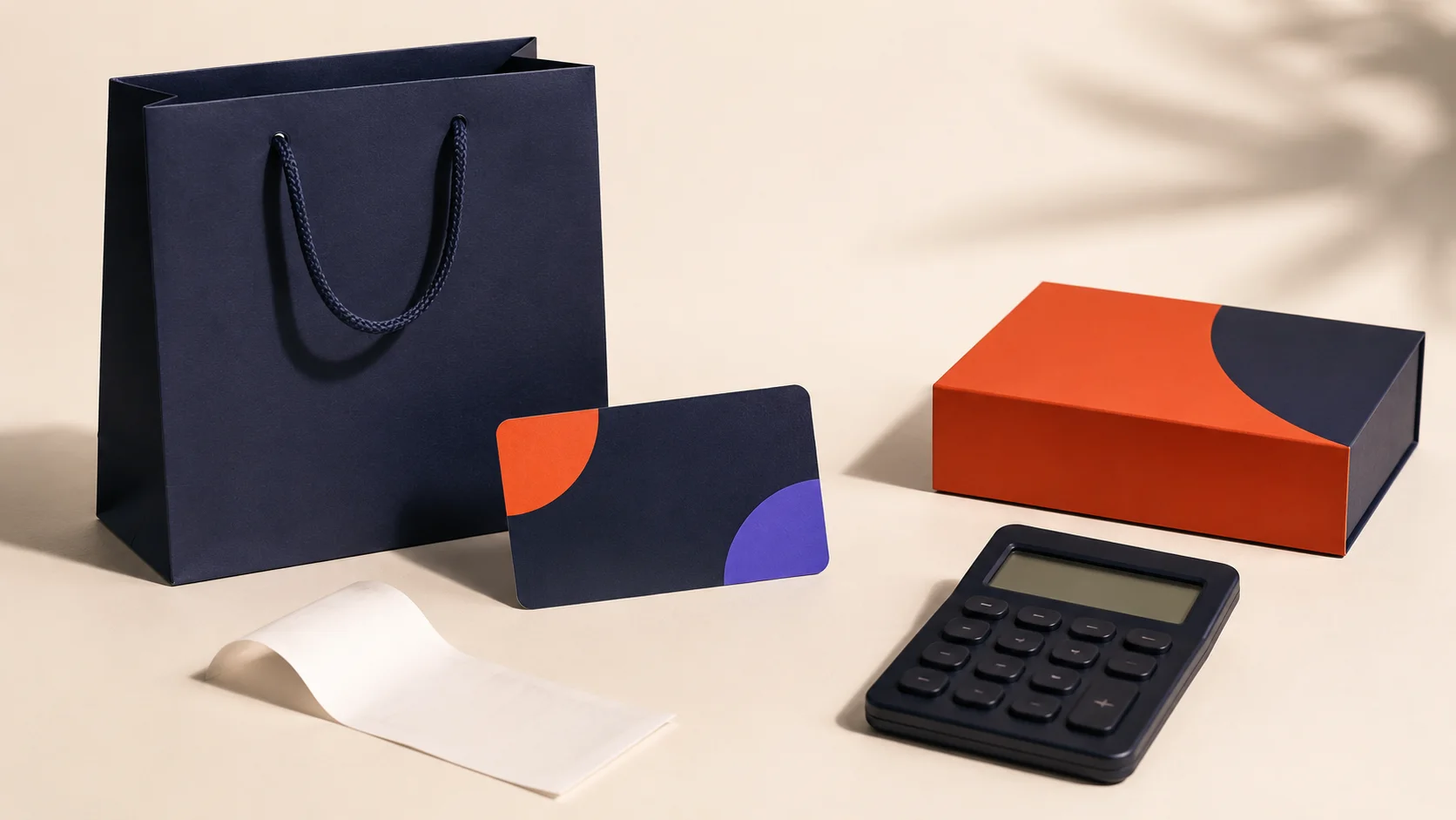 Store membership card, receipt and calculator arranged for a net-savings comparison.