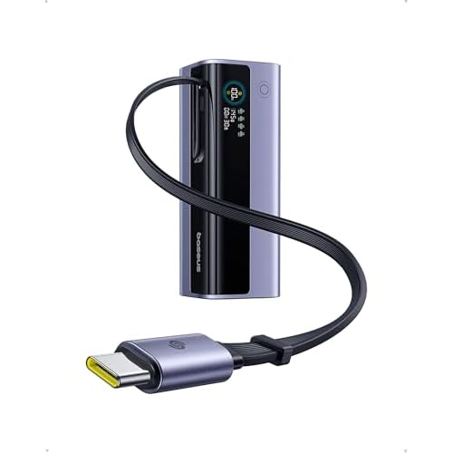 Baseus Laptop Power Bank, 20,000mAh 145W Small Portable Charger Built-in Retractable Cable, 4-Port PD Fast Charging Battery Bank with Smart Display, for iPhone/MacBook/Samsung/Dell/HP, and M
