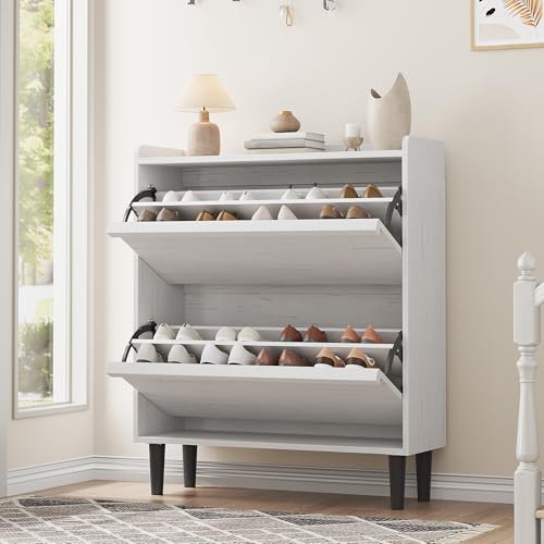 GarveeHome Shoe Cabinet with 2 Flip Drawers, Wooden Shoe Organizer with Adjustable Shelf, Shoe Storage for Entryway, Hidden Shoe Cabinet for Hallway, Living Room, White White 2-Drawers