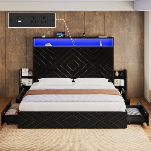 Queen Bed Frame with 4 Locking Drawers & Bedside Storage