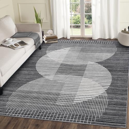 Garvee Washable Rug 8x10 Area Rugs for Living Room, Modern Abstract Black Rug for Bedroom Soft Non Slip Throw Carpet with Semi-Circle Print Ultra Thin Textured Floor Cover for Dining Room Ho