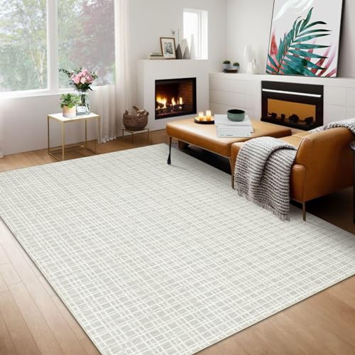 GarveeHome Living Room Rug 6x9 Modern Plaid Area Rug Washable Rug Contemporary Non Slip Rugs for Bedroom Indoor Soft Non-Shedding Carpet Low Pile Foldable Thin Rug for Nursery Dorm Office Li